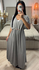 V Neck Pleated Viscose Dress Boho Tie Belt