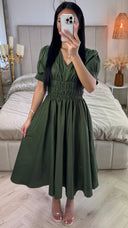 V Neck Puff Sleeves Dress Waist Detail