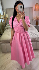 V Neck Puff Sleeves Dress Waist Detail