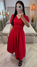 V Neck Puff Sleeves Dress Waist Detail