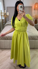 V Neck Puff Sleeves Dress Waist Detail