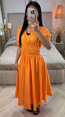 V Neck Puff Sleeves Dress Waist Detail