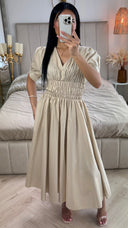 V Neck Puff Sleeves Dress Waist Detail