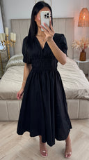 V Neck Puff Sleeves Dress Waist Detail