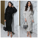 Long Sweater Dress High Neck Tie Belt Button Details