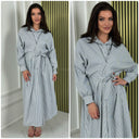 Blouse V Neck Tie Bellt Stripes Dress