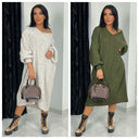 Oversized Cable Dress V Neck Balloon Sleeve 1401