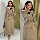 Hooded Trench Coat Buttons Tie Belt