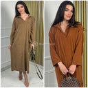 Corduroy V Neck Thick Ribbed Dress