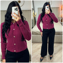 Crop Cable Top Longs Sleeves Golden Buttons