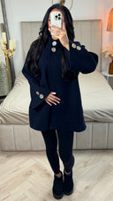 Double Golden Buttons Sleeve Detail Midi Split Coat