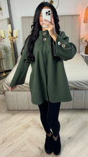 Double Golden Buttons Sleeve Detail Midi Split Coat