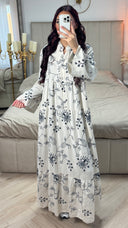 Embroidery Flower Print Maxi Pleated Dress