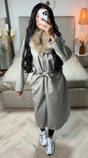 Faux Fur Collar Tie Belt Coat Pockets