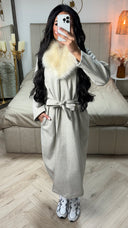 Faux Fur Collar Tie Belt Coat Pockets