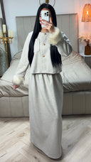 Faux Fur Sleeve Crop Cardigan Button Detail Skirt Set