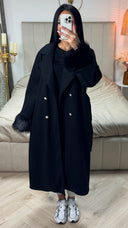 Faux Fur Sleeve Tie Belt Coat Buttons