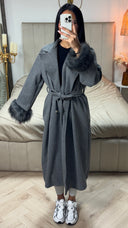 Faux Fur Sleeve Tie Belt Coat Buttons