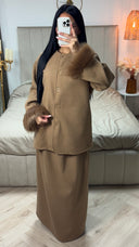 Fur Sleeve Button Cardigan Skirt Set