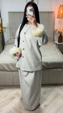 Fur Sleeve Button Cardigan Skirt Set
