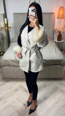 Fur Sleeve Tie Belt Button V Neck Cardigan