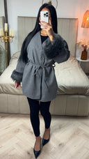 Fur Sleeve Tie Belt Button V Neck Cardigan