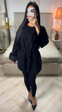 Fur Sleeve Tie Belt Button V Neck Cardigan