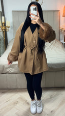 Fur Sleeve Tie Belt Button V Neck Cardigan