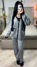 Premium Knitwear V Neck Cardigan + Wide Leg Pants Button Detail