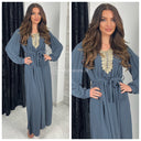 Embroidered Maxi Tie Belt Ruffle Sleeves