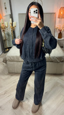 Acid Washed Zipper Cardigan + Wide Leg Trouser Mid Line Set