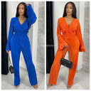 Glänzender, gerippter Jumpsuit mit V-Ausschnitt und Taillendetail