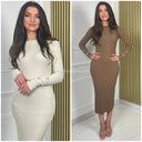 Ribbed Long Dress Sleeve Buttons 9970