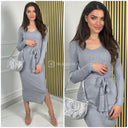 Ribbed Tie Belt V Neck Dress 9967