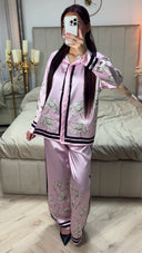 Satin Flower Print Blouse Set