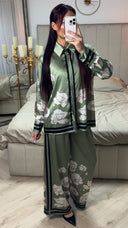 Satin Flower Print Blouse Set