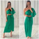 Satin Skirt Set One Shoulder 3 Button Detail