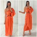 Satin Skirt Set One Shoulder 3 Button Detail