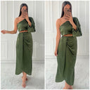 Satin Skirt Set One Shoulder 3 Button Detail