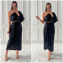 Satin Skirt Set One Shoulder 3 Button Detail