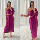 Satin Skirt Set One Shoulder 3 Button Detail