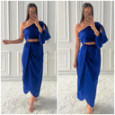 Satin Skirt Set One Shoulder 3 Button Detail