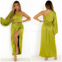 Satin Skirt Set One Shoulder 3 Button Detail