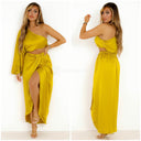 Satin Skirt Set One Shoulder 3 Button Detail