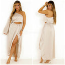 Satin Skirt Set One Shoulder 3 Button Detail