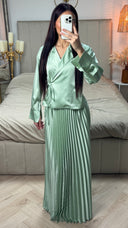 Satin Wrap Tie Belt Cardigan + Pleated Skirt