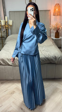 Satin Wrap Tie Belt Cardigan + Pleated Skirt