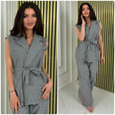 Sleeveless Linenstyle Tie Belt Blazer Set