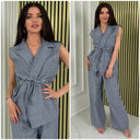 Sleeveless Linenstyle Tie Belt Blazer Set