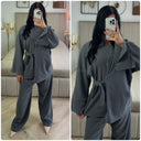 Slit Sleeve Tie Belt Cardigan Thick Ribbed Corduroy Set